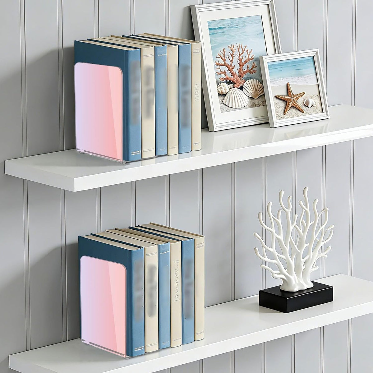Pink Light Gradient Pattern Acrylic Bookends 2 Pcs Book Ends for Shelves Non-Slip Book Stopper Organizer for Office Library Home Decor, 5.4x4.1x8.1 in