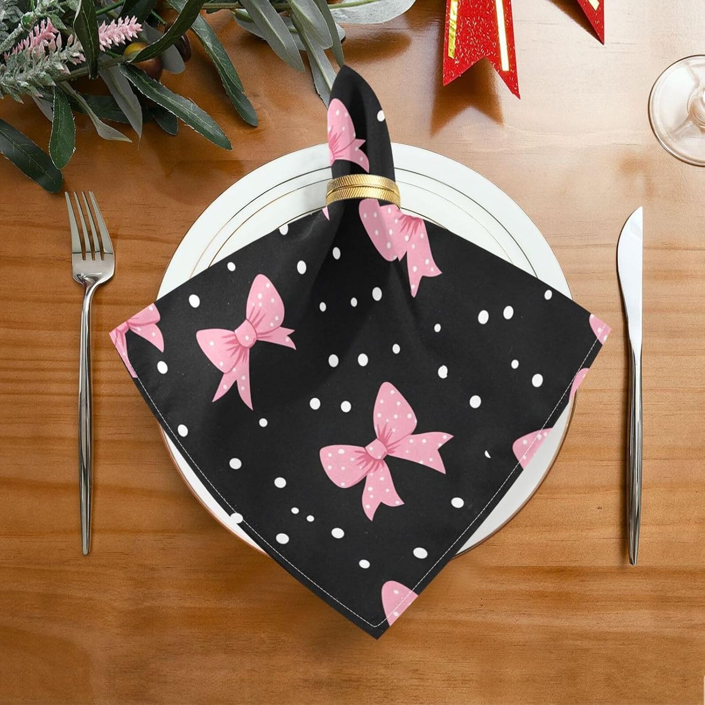 YETTASBIN Pink Bows Dot Cloth Napkins Set of 1, Reusable Washable Oversized Table Napkins for Family Wedding Dinner Party Home Decor, 20 Inch