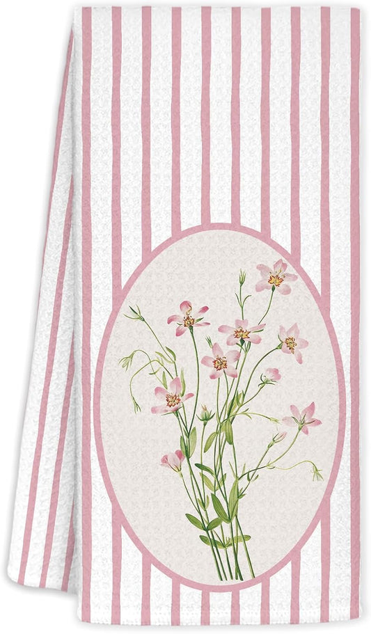 Pink Striped Rustic Floral Kitchen Towels,Pink and White Striped Cottagecore Flower Botanical Decorative Dish Hand Tea Towels for Kitchen Bathroom Decor,Spring Gifts Home Decor, 16x24 Inch
