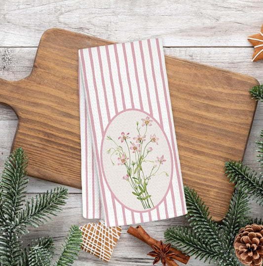 Pink Striped Rustic Floral Kitchen Towels,Pink and White Striped Cottagecore Flower Botanical Decorative Dish Hand Tea Towels for Kitchen Bathroom Decor,Spring Gifts Home Decor, 16x24 Inch