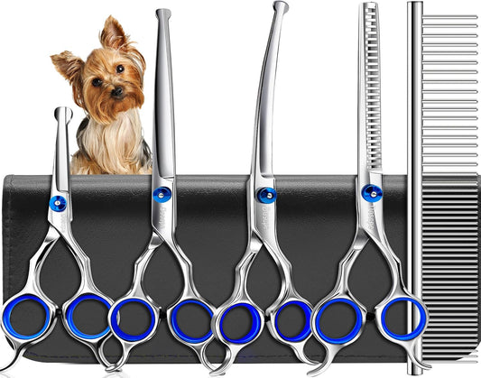 6 in 1 Professional Dog Grooming Scissors Set Pet Hair Cutting Shears Kit, Stainless Steel with Safe Rounded Tips for Dog Cat Other Animals, Right Left Handed