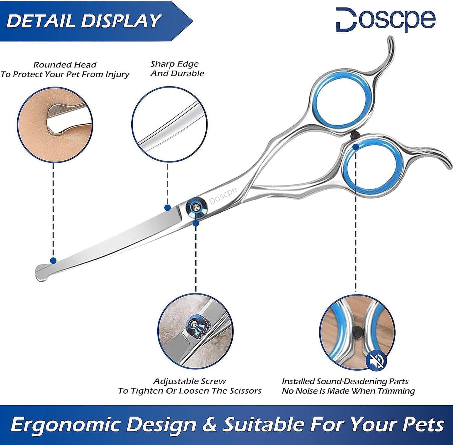 6 in 1 Professional Dog Grooming Scissors Set Pet Hair Cutting Shears Kit, Stainless Steel with Safe Rounded Tips for Dog Cat Other Animals, Right Left Handed