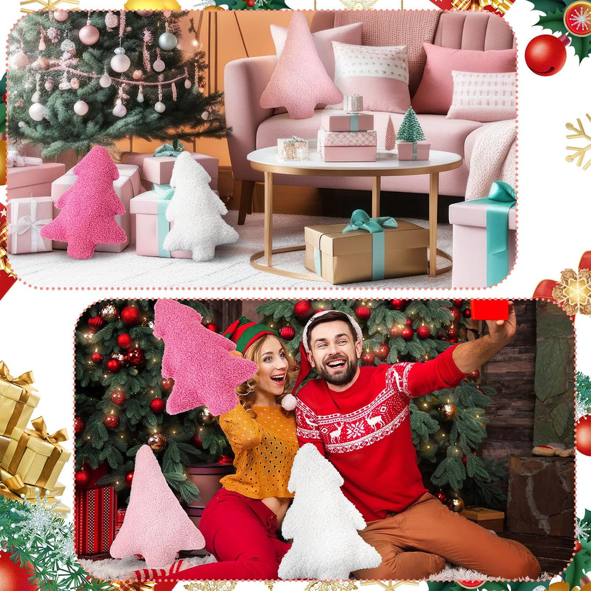 3 Pcs Christmas Tree Throw Pillows Pink White Decorative Pillows
