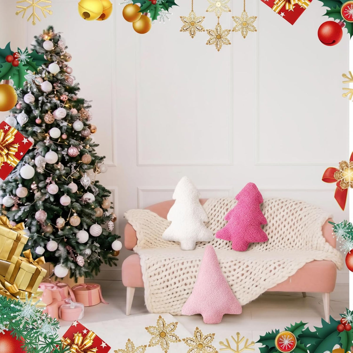 3 Pcs Christmas Tree Throw Pillows Pink White Decorative Pillows