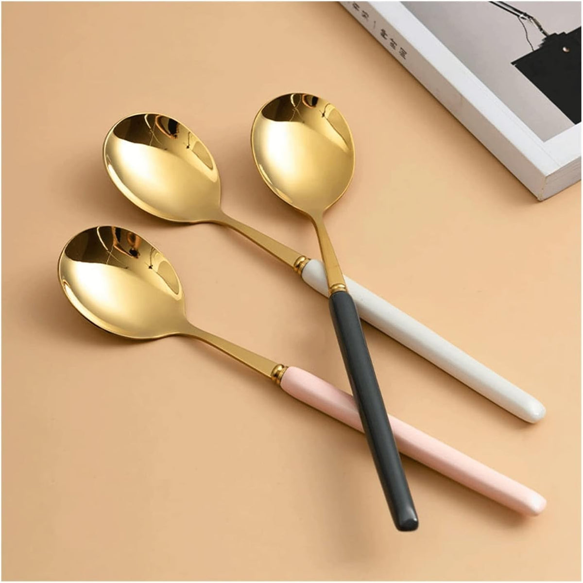 Bulk Spoons Set Household Spoon Stainless Steel Delicate Long Handle Spoon Large and Small Special Dessert Spoon Watermelon Spoon Spoons for Eating (Color : Pink, Size : Small)