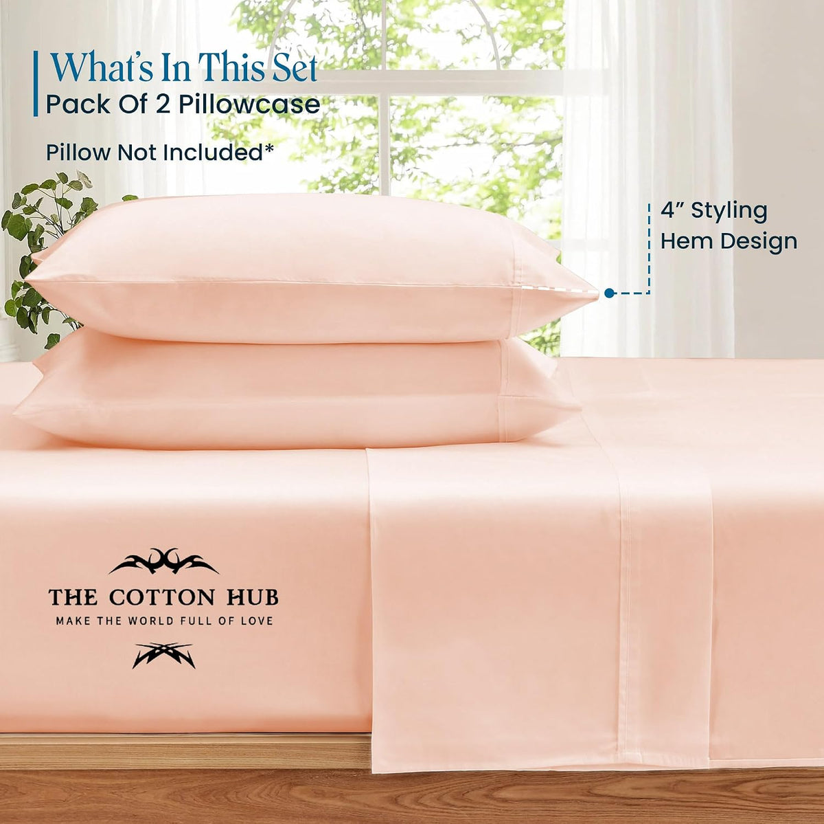 Standard/Queen (21"x32") Size Soft, Cooling Set of 2 Pillow Cases 1000 Thread Count 100% Pure Cotton Pillow Cases, Fits Standard & Queen Size Pillows (Solid, Peach)