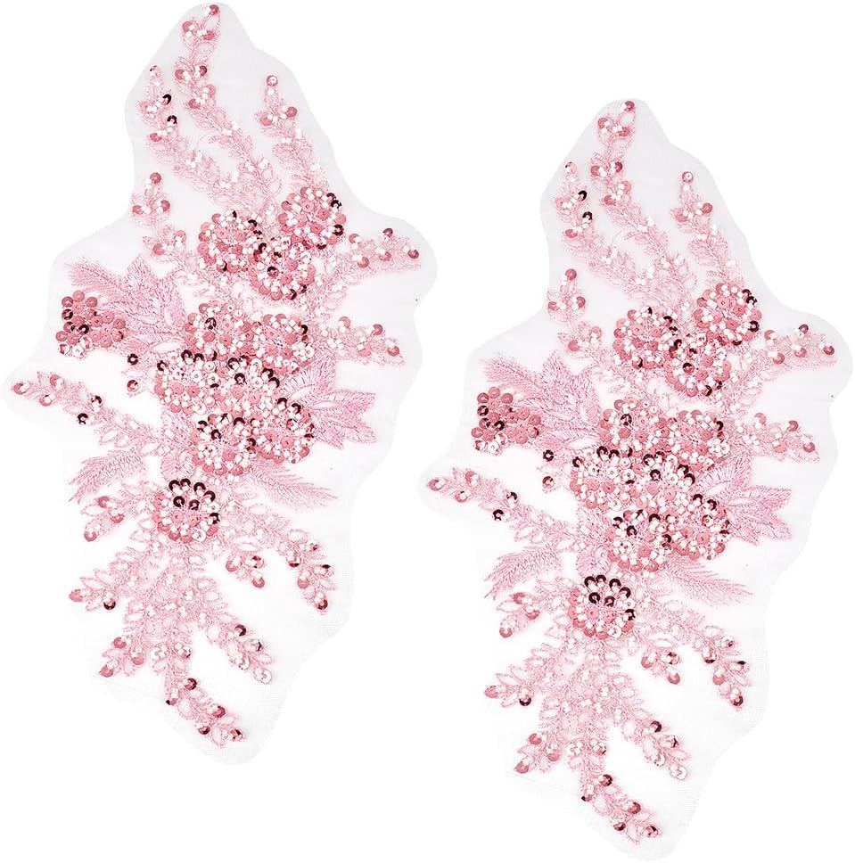 2Pcs 3D Floral Embroidery Applique Polyester Sequin Flower Appliques Pink Beaded Lace Embroidered Sew on Tulle Patches for Sewing Making Crafts Clothes Wedding Bridal Gown Costumes Supply