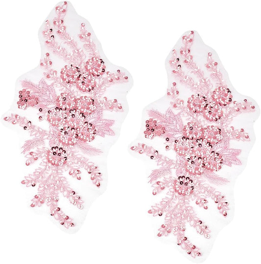 2Pcs 3D Floral Embroidery Applique Polyester Sequin Flower Appliques Pink Beaded Lace Embroidered Sew on Tulle Patches for Sewing Making Crafts Clothes Wedding Bridal Gown Costumes Supply