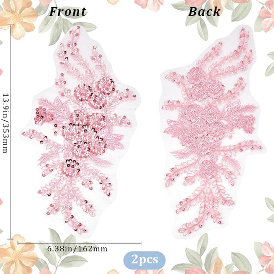 2Pcs 3D Floral Embroidery Applique Polyester Sequin Flower Appliques Pink Beaded Lace Embroidered Sew on Tulle Patches for Sewing Making Crafts Clothes Wedding Bridal Gown Costumes Supply