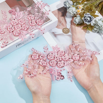 2Pcs 3D Floral Embroidery Applique Polyester Sequin Flower Appliques Pink Beaded Lace Embroidered Sew on Tulle Patches for Sewing Making Crafts Clothes Wedding Bridal Gown Costumes Supply