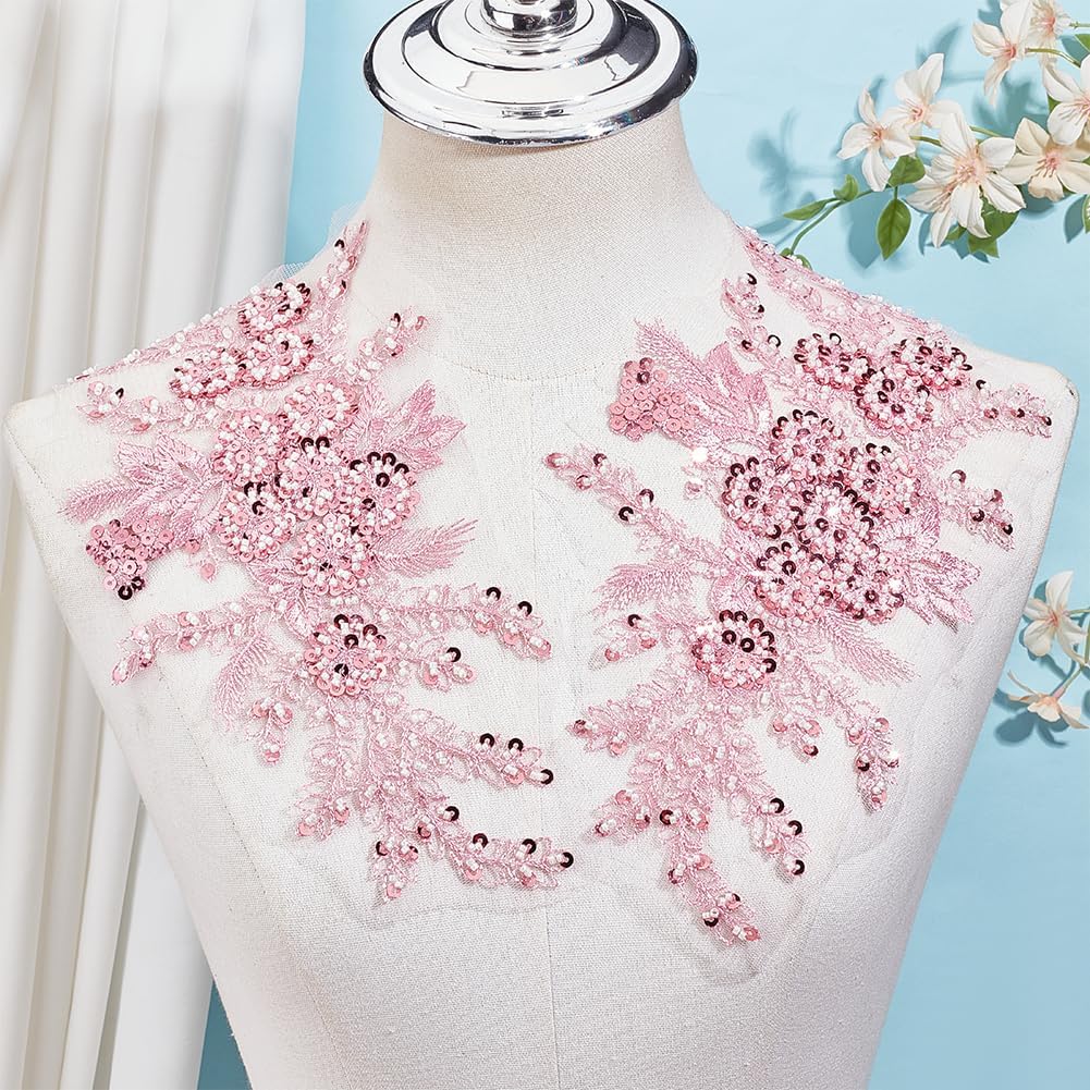 2Pcs 3D Floral Embroidery Applique Polyester Sequin Flower Appliques Pink Beaded Lace Embroidered Sew on Tulle Patches for Sewing Making Crafts Clothes Wedding Bridal Gown Costumes Supply