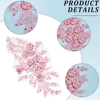 2Pcs 3D Floral Embroidery Applique Polyester Sequin Flower Appliques Pink Beaded Lace Embroidered Sew on Tulle Patches for Sewing Making Crafts Clothes Wedding Bridal Gown Costumes Supply