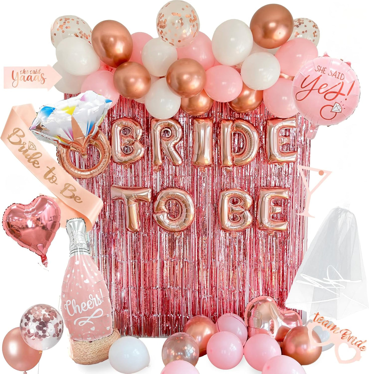 Rose Gold Bridal Shower Decorations, 62-Piece Pink Bachelorette Party Decorations with Bride to Be Banner, Confetti Balloons, Bride Sash, Veil, Fringe Curtain & Photo Props