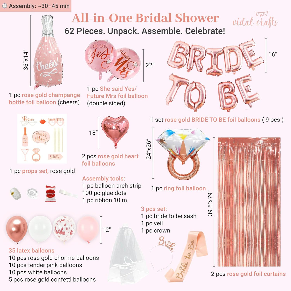 Rose Gold Bridal Shower Decorations, 62-Piece Pink Bachelorette Party Decorations with Bride to Be Banner, Confetti Balloons, Bride Sash, Veil, Fringe Curtain & Photo Props