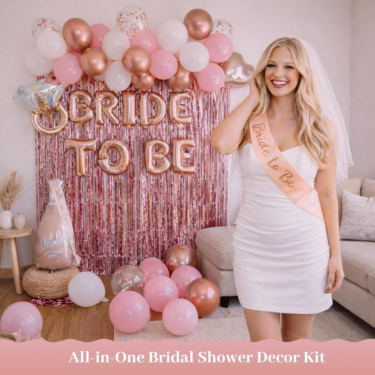Rose Gold Bridal Shower Decorations, 62-Piece Pink Bachelorette Party Decorations with Bride to Be Banner, Confetti Balloons, Bride Sash, Veil, Fringe Curtain & Photo Props