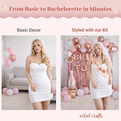 Rose Gold Bridal Shower Decorations, 62-Piece Pink Bachelorette Party Decorations with Bride to Be Banner, Confetti Balloons, Bride Sash, Veil, Fringe Curtain & Photo Props