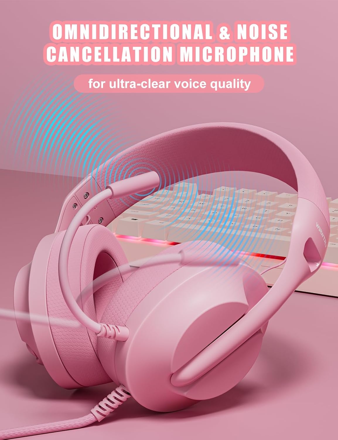 Wired Pink Gaming Headset for PS5, Xbox, Xbox Series X|S, PC, PS4