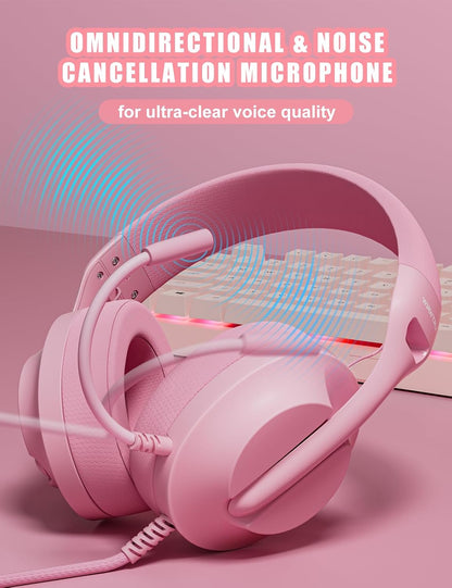 Wired Pink Gaming Headset for PS5, Xbox, Xbox Series X|S, PC, PS4