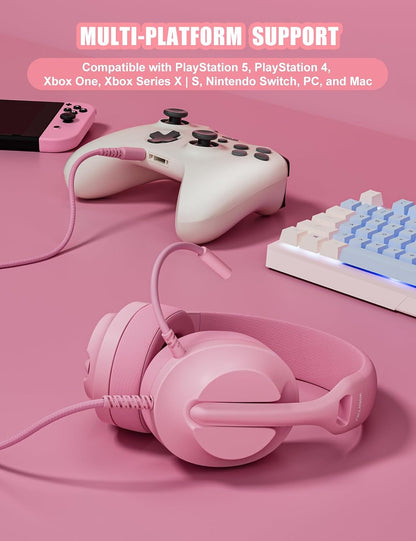 Wired Pink Gaming Headset for PS5, Xbox, Xbox Series X|S, PC, PS4