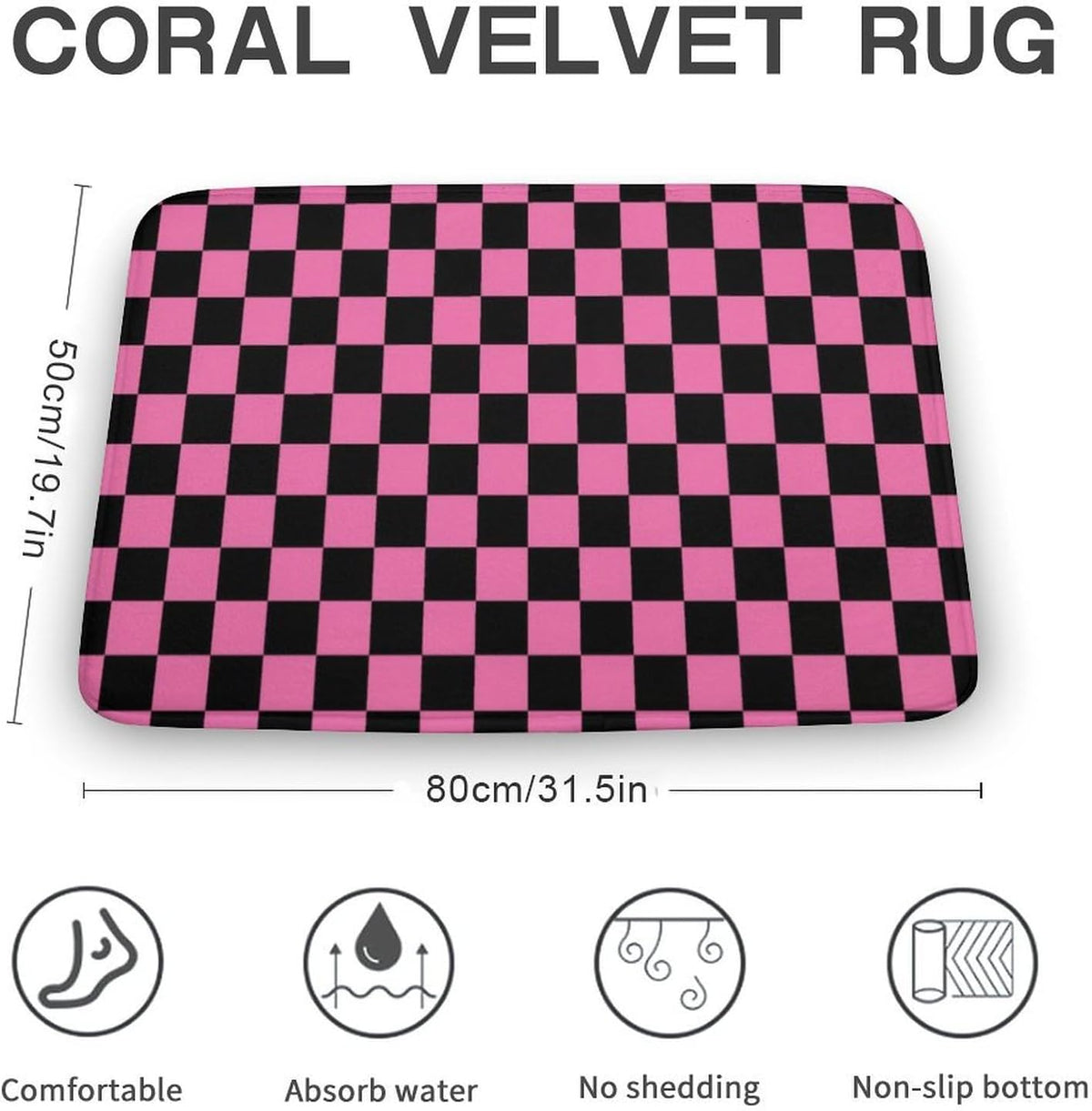 Checkered Black and Pink Bath Mat Rug 30x20, Ultra Soft Bathroom Rug, Non Slip and Absorbent Bath Rug Carpet for Bathroom Floor, Tub and Shower