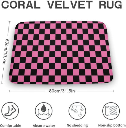 Checkered Black and Pink Bath Mat Rug 30x20, Ultra Soft Bathroom Rug, Non Slip and Absorbent Bath Rug Carpet for Bathroom Floor, Tub and Shower