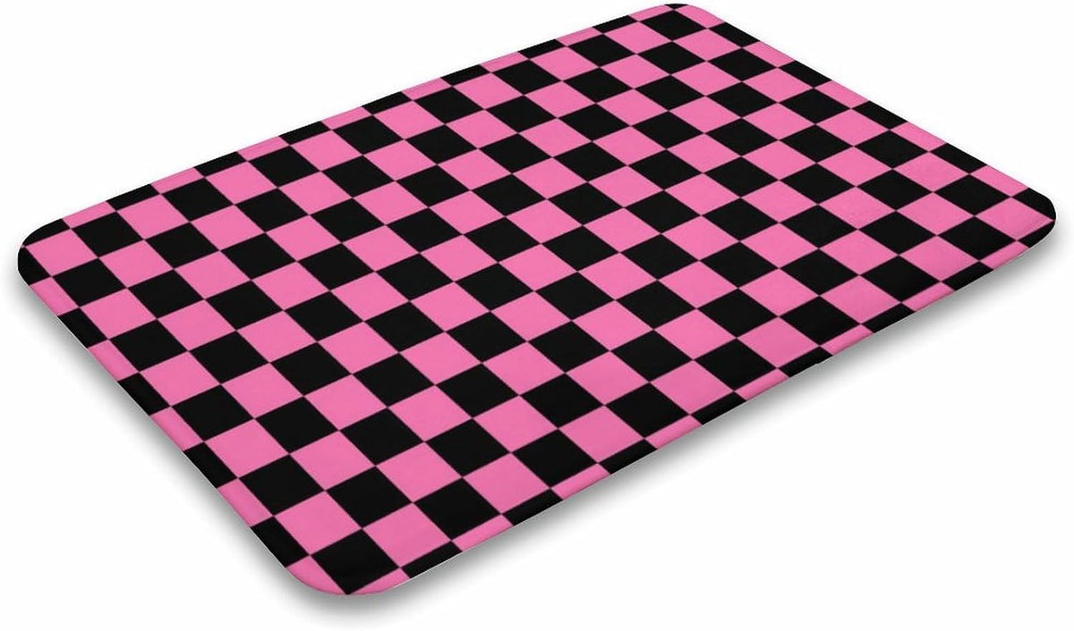 Checkered Black and Pink Bath Mat Rug 30x20, Ultra Soft Bathroom Rug, Non Slip and Absorbent Bath Rug Carpet for Bathroom Floor, Tub and Shower