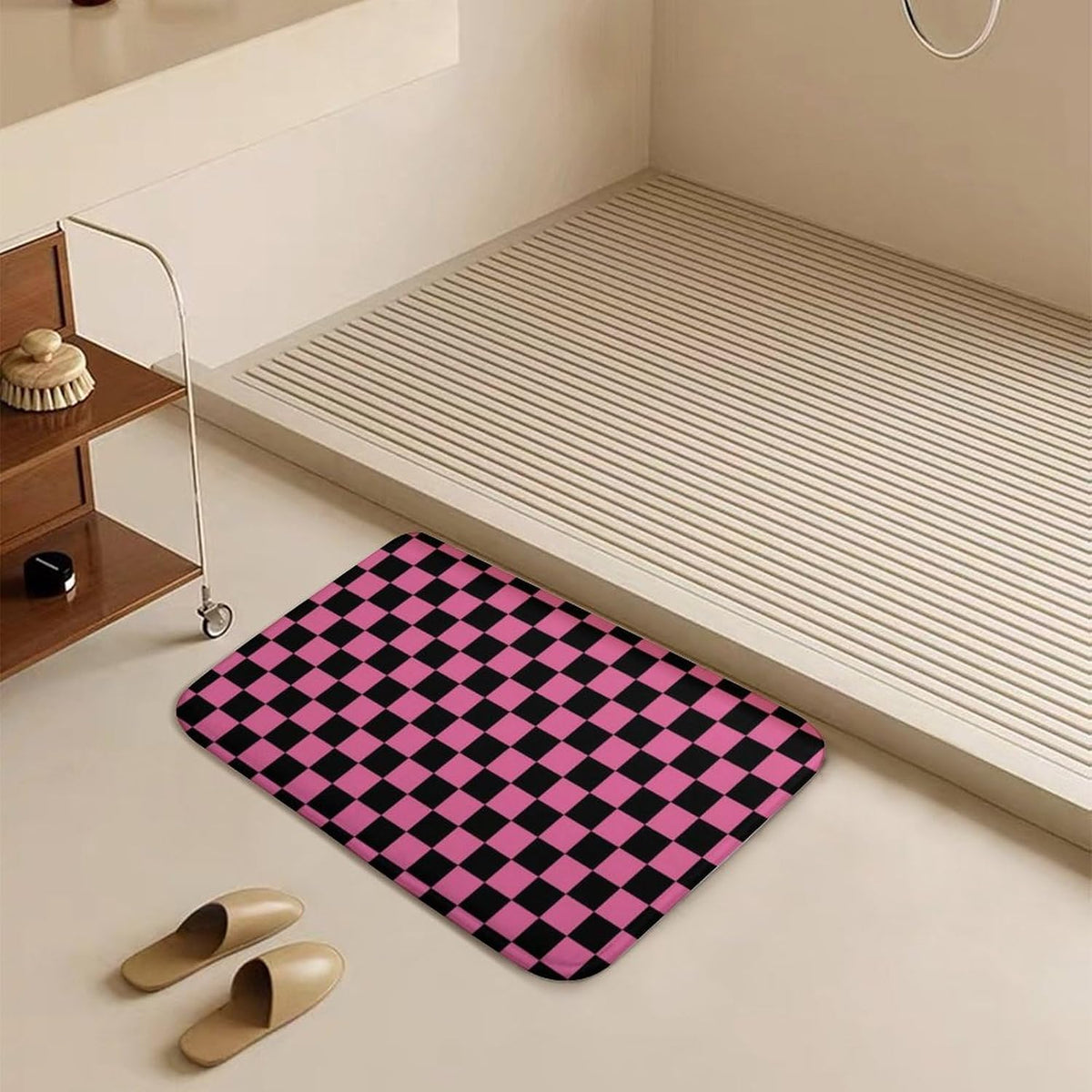 Checkered Black and Pink Bath Mat Rug 30x20, Ultra Soft Bathroom Rug, Non Slip and Absorbent Bath Rug Carpet for Bathroom Floor, Tub and Shower