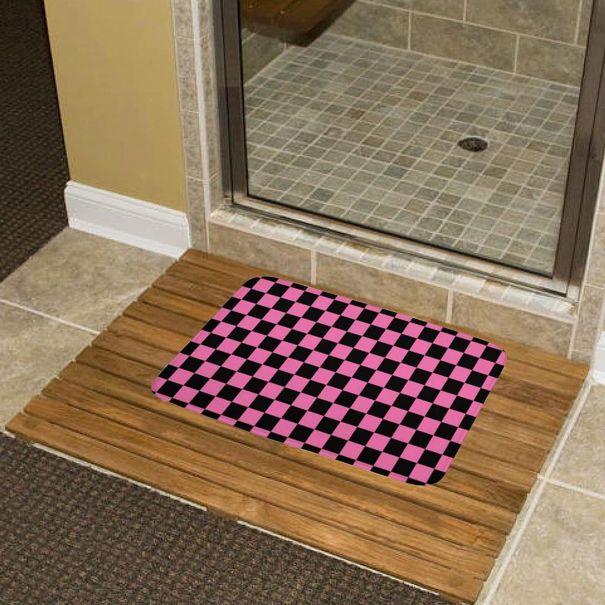 Checkered Black and Pink Bath Mat Rug 30x20, Ultra Soft Bathroom Rug, Non Slip and Absorbent Bath Rug Carpet for Bathroom Floor, Tub and Shower