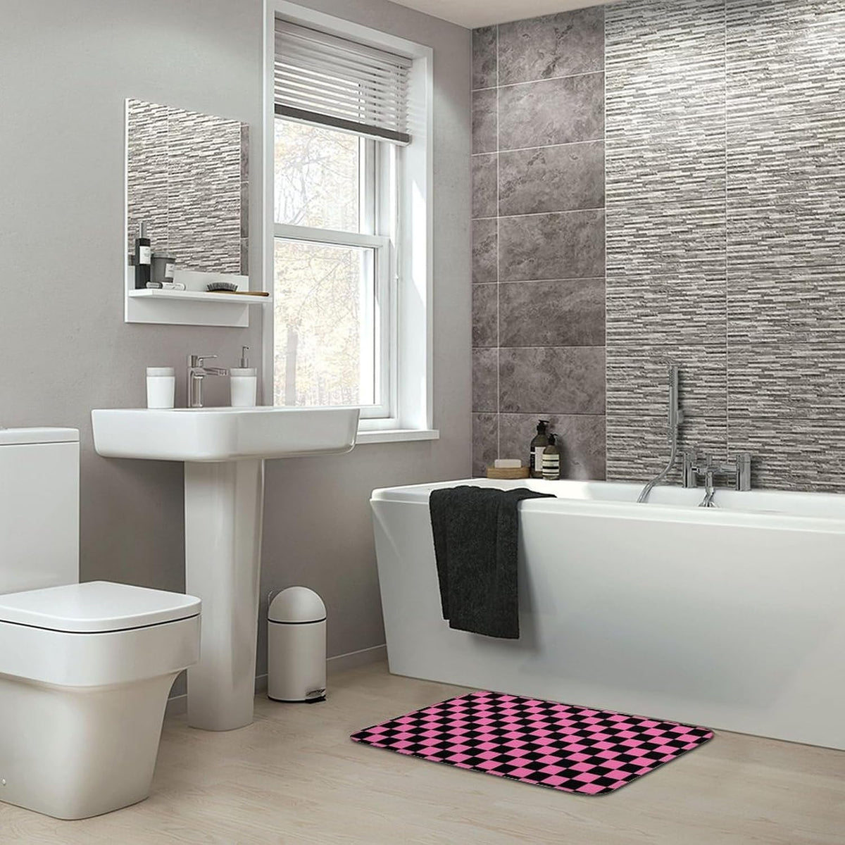 Checkered Black and Pink Bath Mat Rug 30x20, Ultra Soft Bathroom Rug, Non Slip and Absorbent Bath Rug Carpet for Bathroom Floor, Tub and Shower