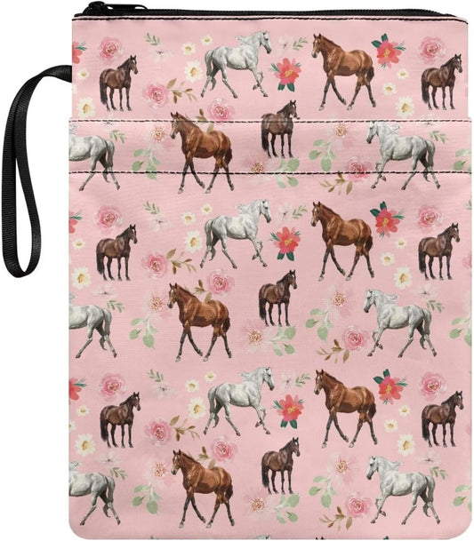 Pink Floral Horse Book Covers Sleeve Book Bag Suitable for Most Hardcover Paperback Textbook Notebook Novel Bible Pouch with Back Pocket Wrist Lanyard