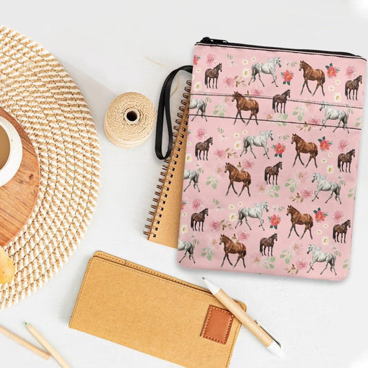 Pink Floral Horse Book Covers Sleeve Book Bag Suitable for Most Hardcover Paperback Textbook Notebook Novel Bible Pouch with Back Pocket Wrist Lanyard