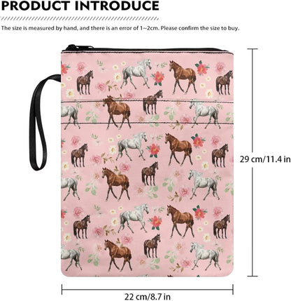 Pink Floral Horse Book Covers Sleeve Book Bag Suitable for Most Hardcover Paperback Textbook Notebook Novel Bible Pouch with Back Pocket Wrist Lanyard