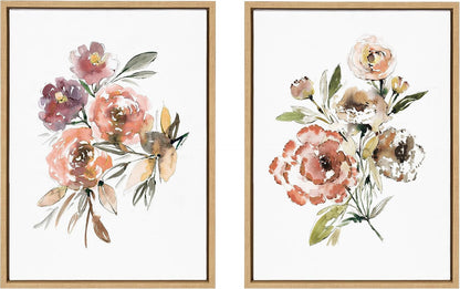 Sylvie Peach Roses and Floral Bouquet Muted Framed Canvas Wall Art Set by Sara Berrenson, 2 Piece 18x24 Natural, Soft Flower Bouquet Art for Wall