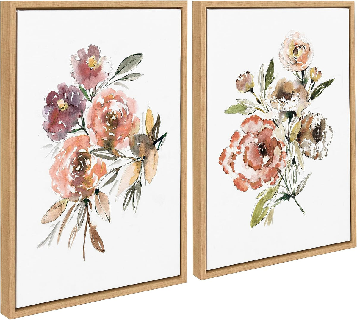 Sylvie Peach Roses and Floral Bouquet Muted Framed Canvas Wall Art Set by Sara Berrenson, 2 Piece 18x24 Natural, Soft Flower Bouquet Art for Wall