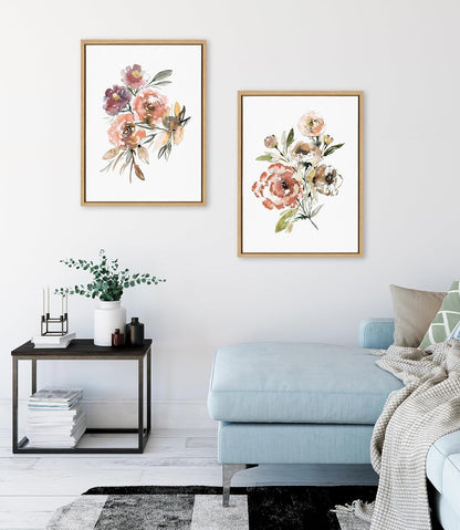 Sylvie Peach Roses and Floral Bouquet Muted Framed Canvas Wall Art Set by Sara Berrenson, 2 Piece 18x24 Natural, Soft Flower Bouquet Art for Wall