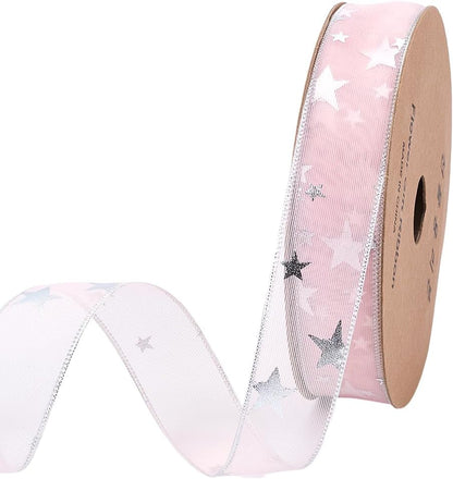 20 Yards 1 Inch Pink Star Ribbon Sheer Organza Silver Stars Print Chiffon Silk Transparent Sparkly Pastel Ribbons with Spool for Sewing Making Crafts Gift Wrapping Wreaths Bouquet Diy Supply