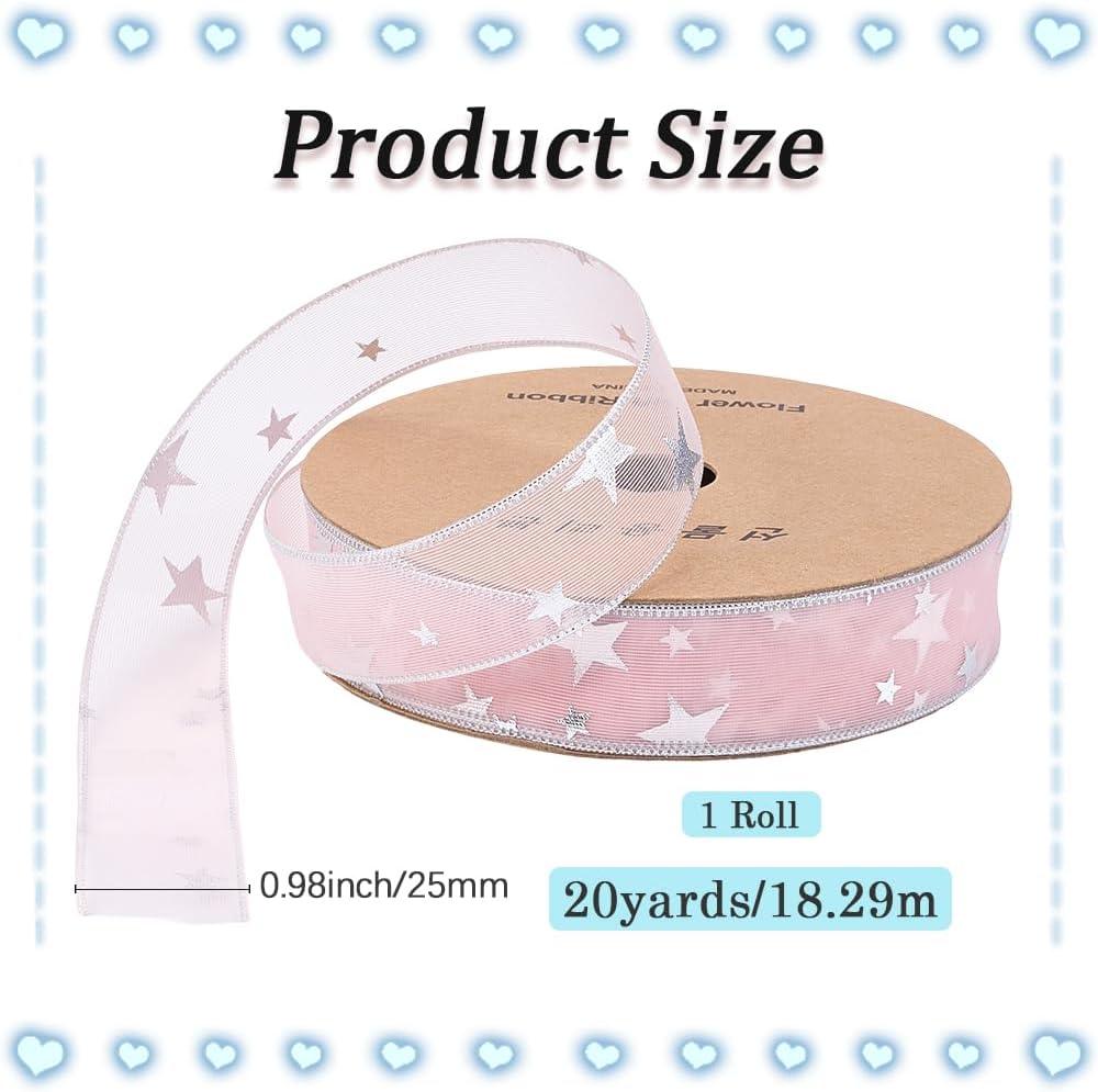 20 Yards 1 Inch Pink Star Ribbon Sheer Organza Silver Stars Print Chiffon Silk Transparent Sparkly Pastel Ribbons with Spool for Sewing Making Crafts Gift Wrapping Wreaths Bouquet Diy Supply