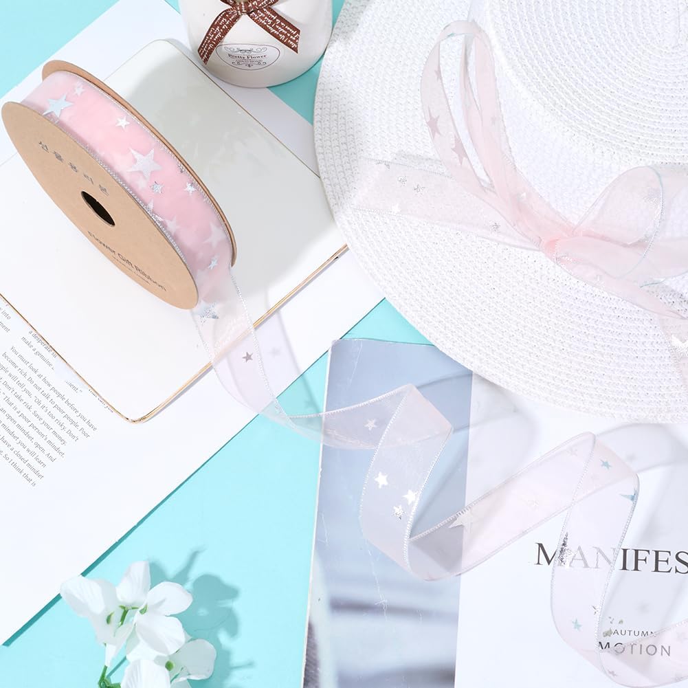20 Yards 1 Inch Pink Star Ribbon Sheer Organza Silver Stars Print Chiffon Silk Transparent Sparkly Pastel Ribbons with Spool for Sewing Making Crafts Gift Wrapping Wreaths Bouquet Diy Supply