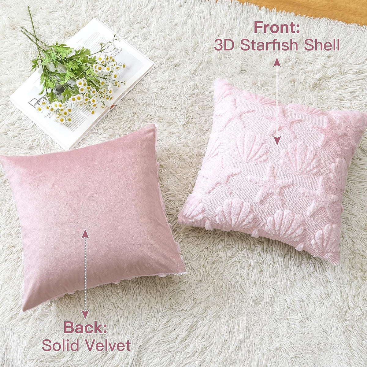 Shell Starfish Throw Pillow Cover Set of 1 Beach Seaside Cushion Cover for Sofa 16x16 Inch Square Spring Summer Soft Plush Short Wool Velvet Pillowcase Holiday Decor Pink