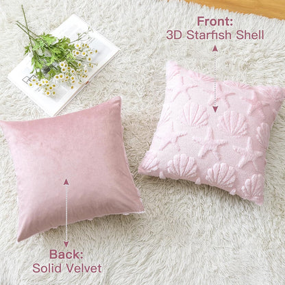 Shell Starfish Throw Pillow Cover Set of 1 Beach Seaside Cushion Cover for Sofa 16x16 Inch Square Spring Summer Soft Plush Short Wool Velvet Pillowcase Holiday Decor Pink