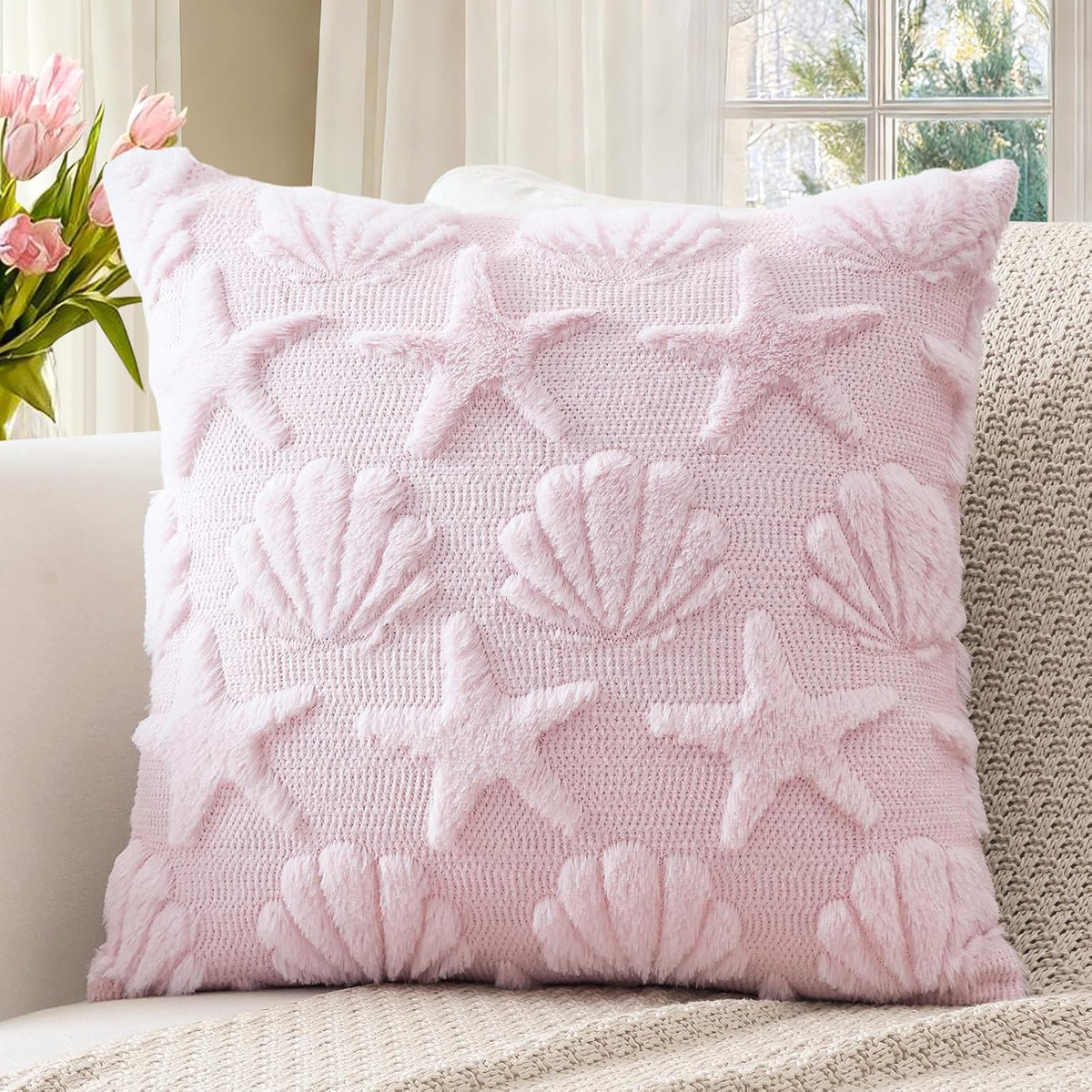Shell Starfish Throw Pillow Cover Set of 1 Beach Seaside Cushion Cover for Sofa 16x16 Inch Square Spring Summer Soft Plush Short Wool Velvet Pillowcase Holiday Decor Pink