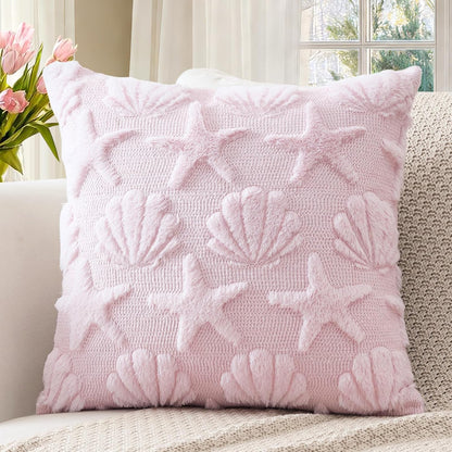 Shell Starfish Throw Pillow Cover Set of 1 Beach Seaside Cushion Cover for Sofa 16x16 Inch Square Spring Summer Soft Plush Short Wool Velvet Pillowcase Holiday Decor Pink