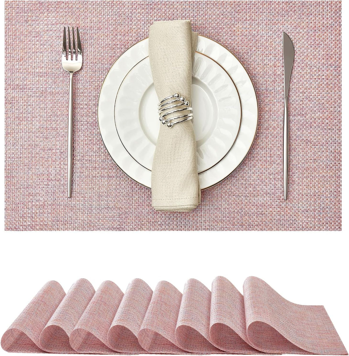 Leetaltree Woven Vinyl Placemats Set of 8,Pink Iridescent