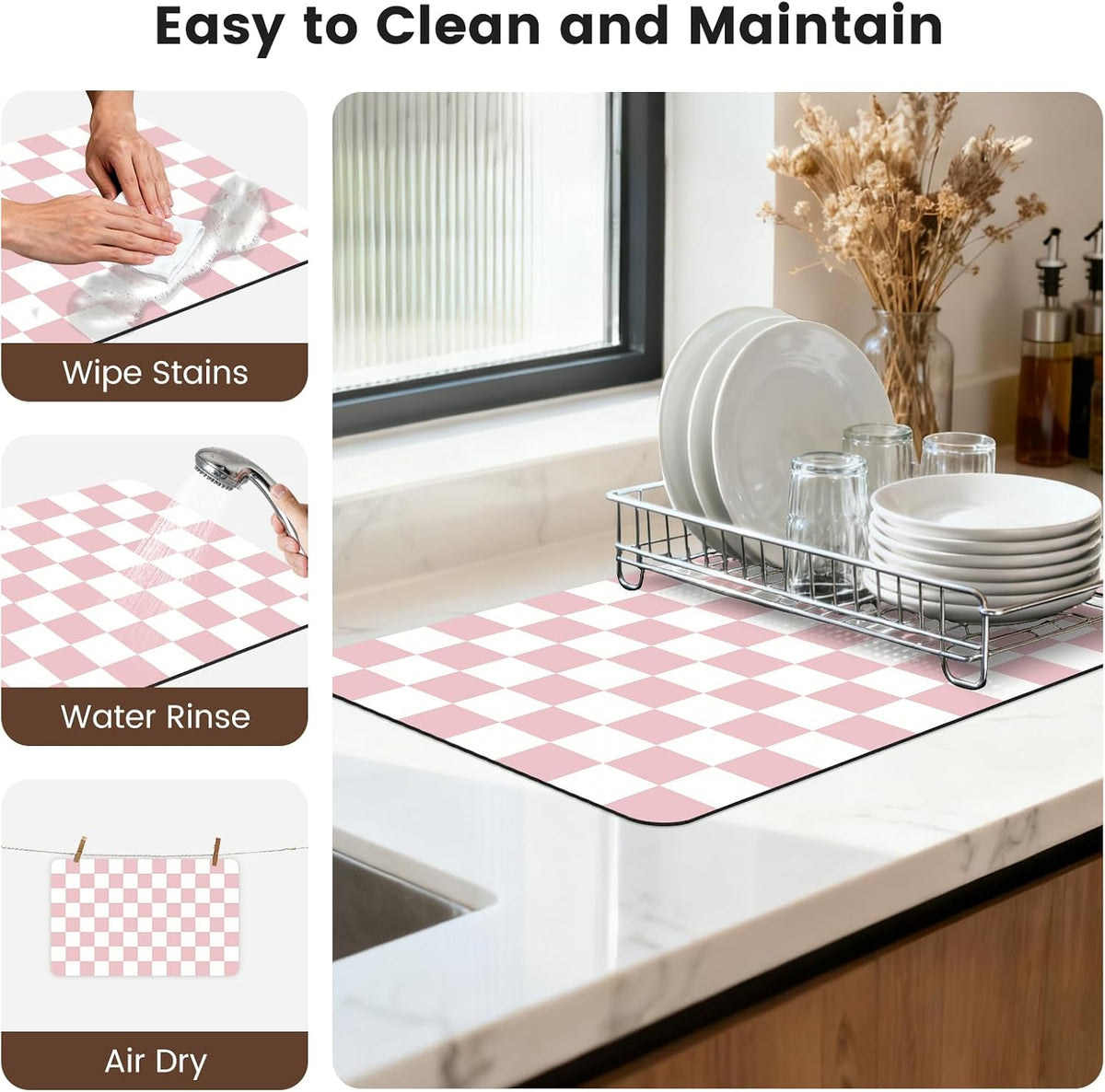 Checkered Dish Mat for Kitchen Coffee Station, 12" x 20" Pink