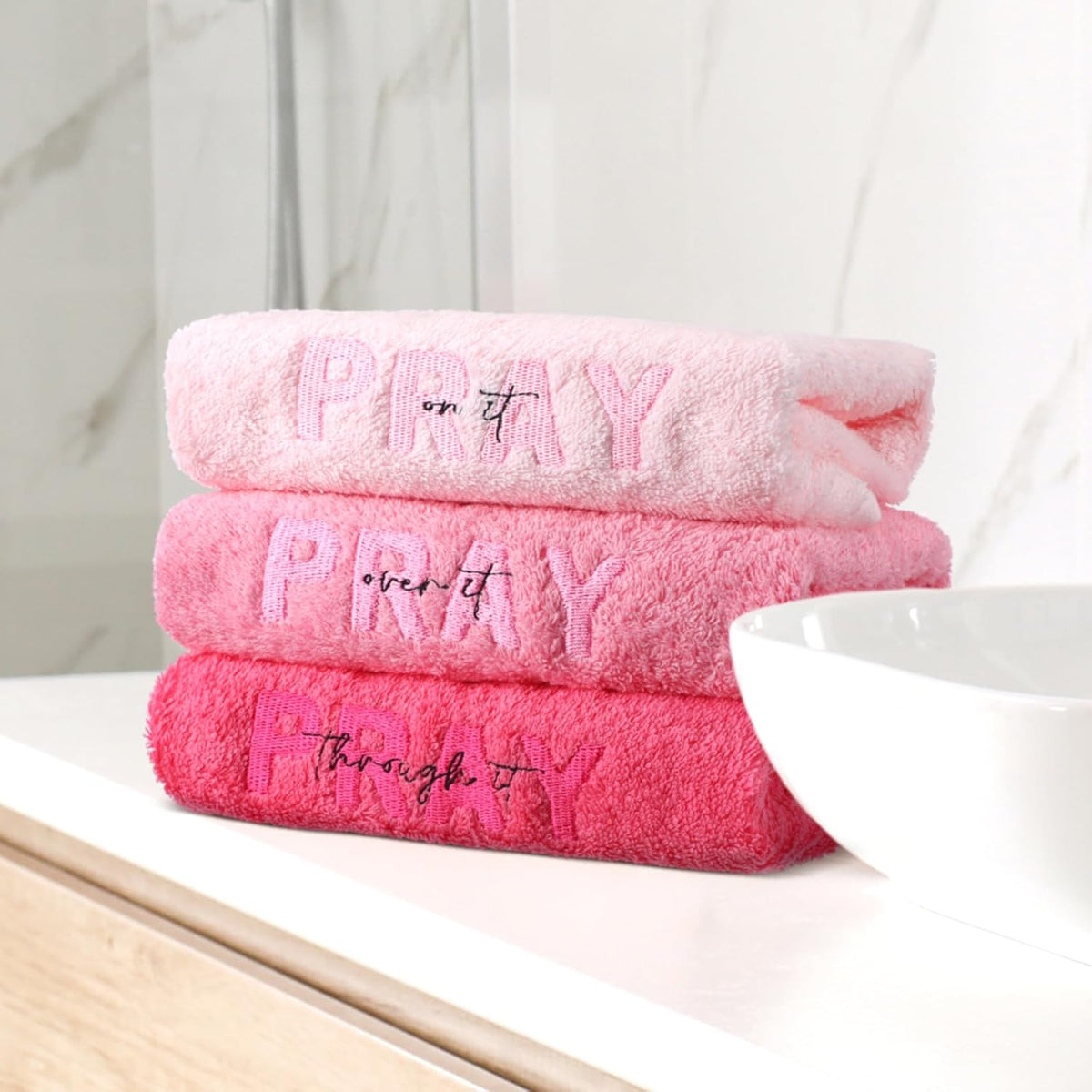 3 Pink Bathroom Towels, Pray on It