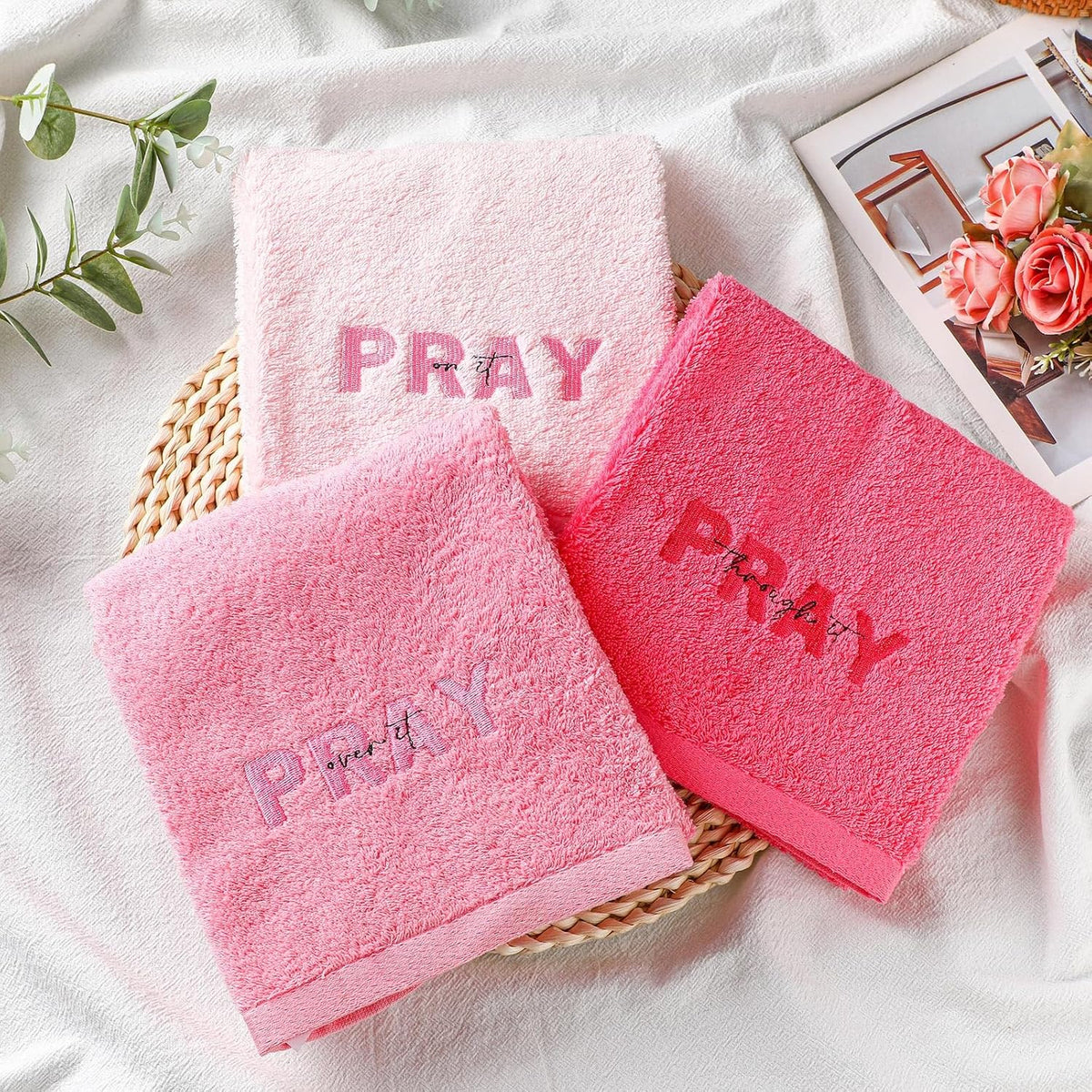 3 Pink Bathroom Towels, Pray on It