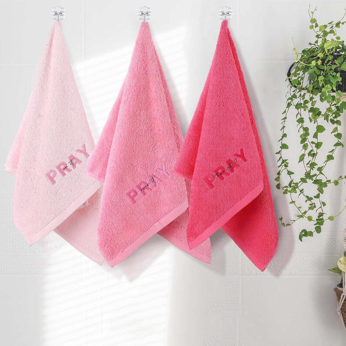 3 Pink Bathroom Towels, Pray on It