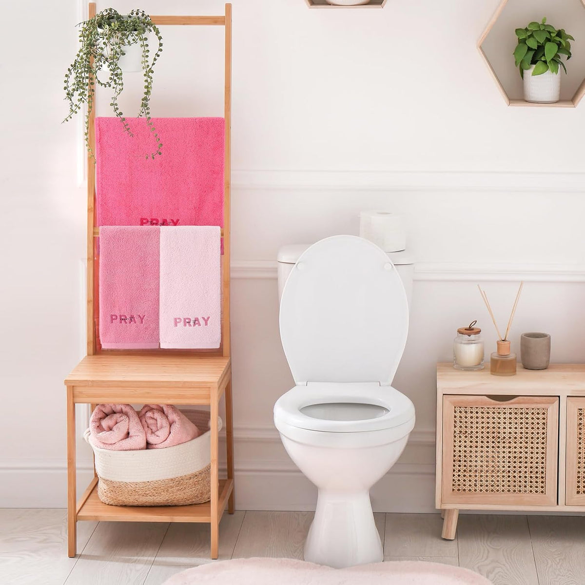 3 Pink Bathroom Towels, Pray on It