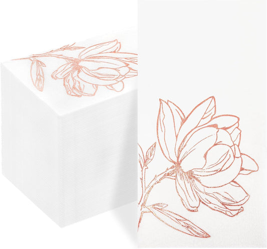 50 Pack Rose Gold Napkins - Magnolia Disposable Napkins - Cloth-Like Feel Dinner Paper - Heavy Duty Floral Hand Towels for Bathroom Wedding Holiday Party Bridal Decorative Towels