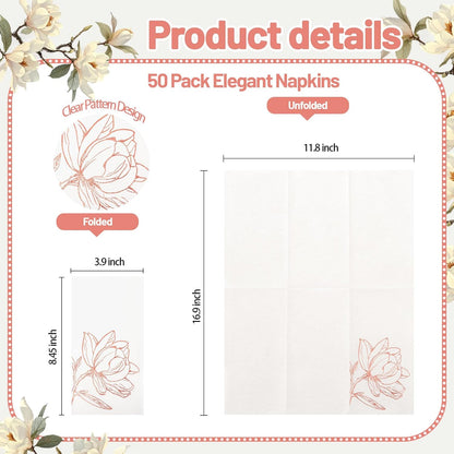 50 Pack Rose Gold Napkins - Magnolia Disposable Napkins - Cloth-Like Feel Dinner Paper - Heavy Duty Floral Hand Towels for Bathroom Wedding Holiday Party Bridal Decorative Towels